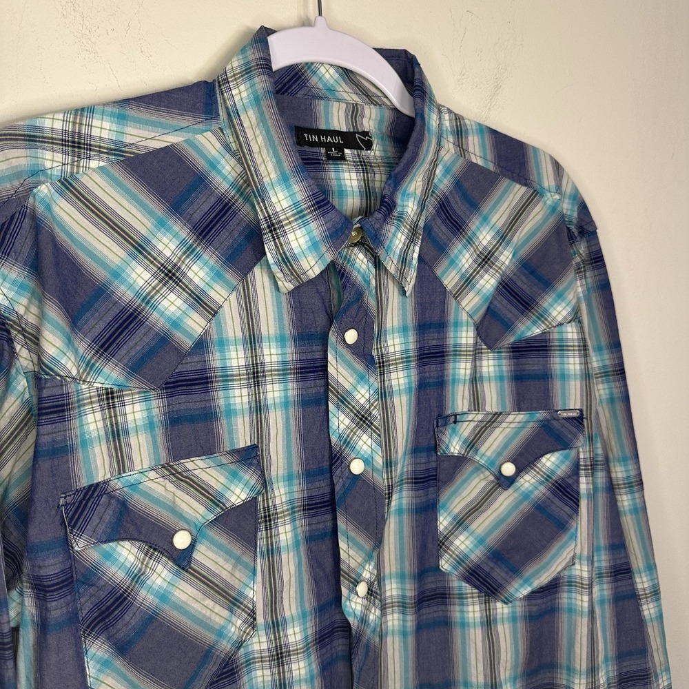 Tin Haul Shirt Mens Large Turquoise Violet Plaid Pearl Snap‎ Western Rockabilly